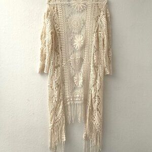 CATO CROCHET FLORAL  LACE FRINGE BOHO OPEN FRONT CARDIGAN
